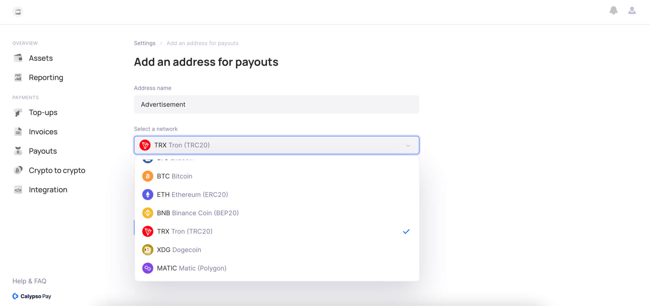 Address book for payouts in Calypso Pay 2.0 user dashboard