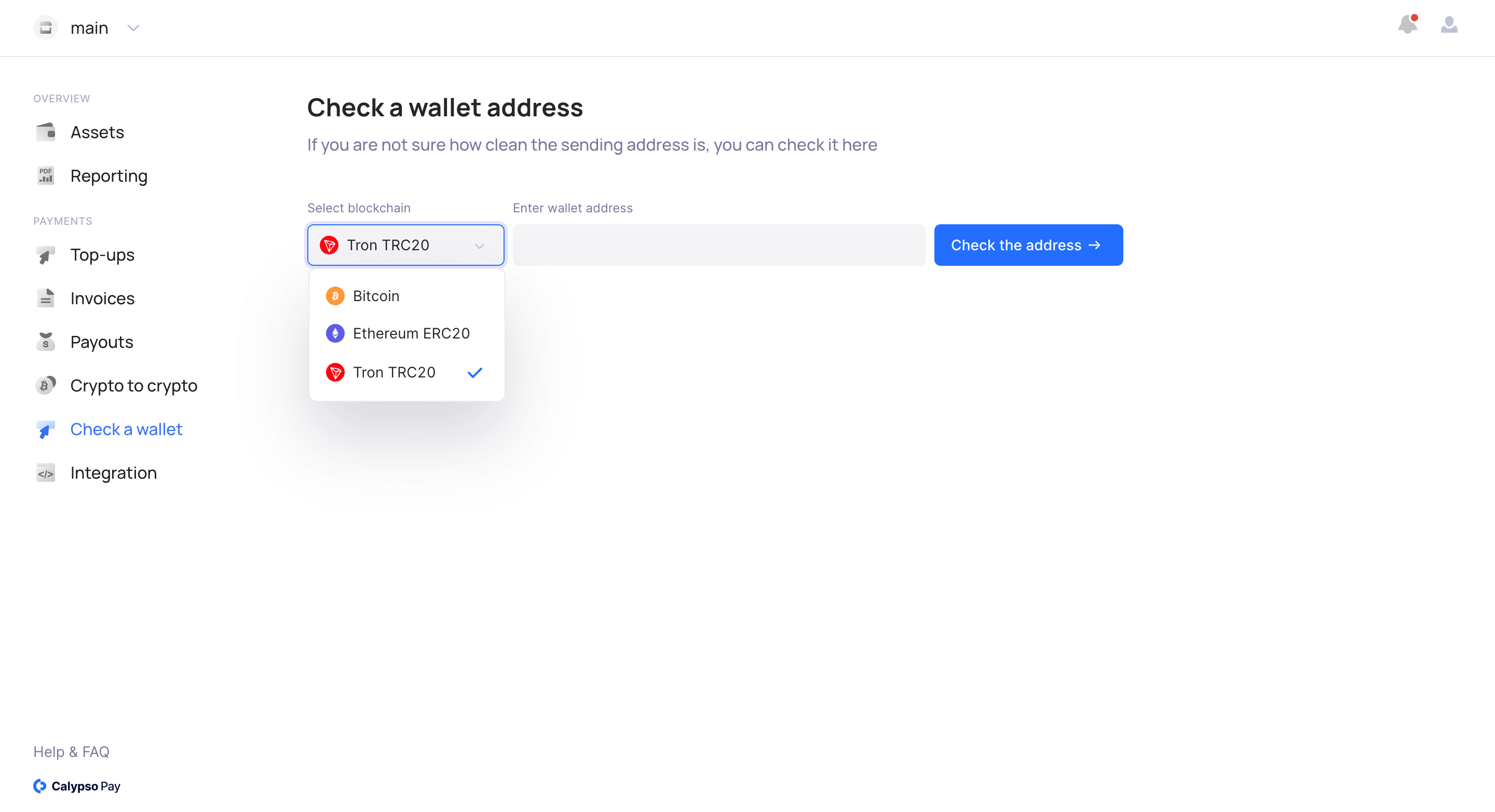Wallet address verification in Calypso Pay 2.0 user dashboard